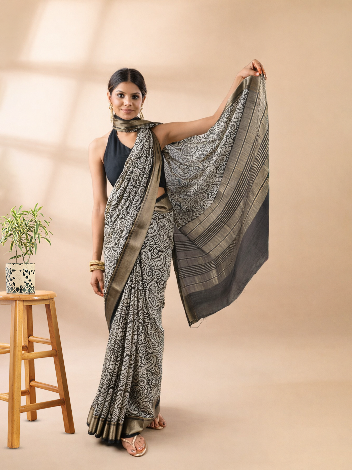 Black Block Print Assam Silk Saree