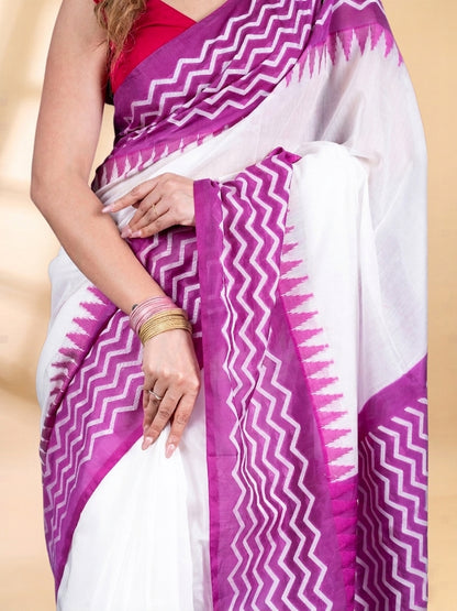 White and Purple Chanderi Cotton Saree
