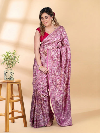 Onion Pink Semi-Crepe Printed Saree