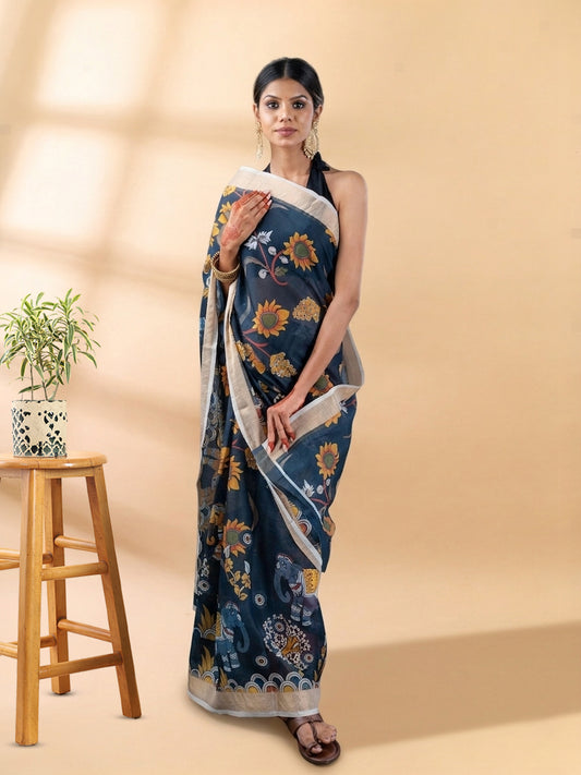 Black Linen Cotton Floral Printed Saree