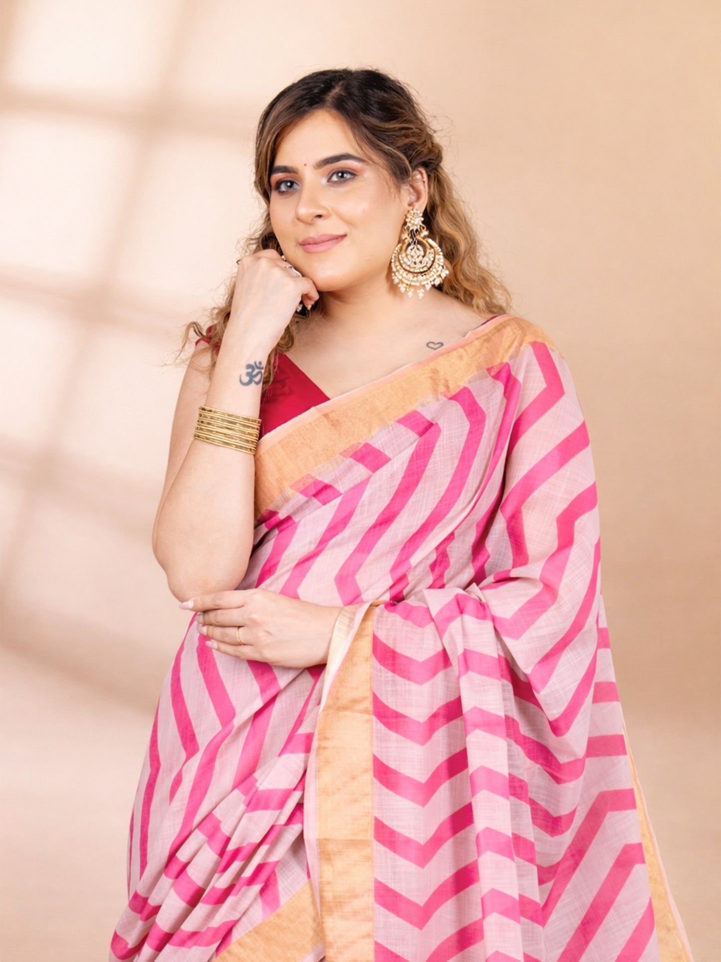 Pink Linen Cotton Tissue Saree