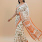 Ivory Orange Warli Print Mal Cotton Saree