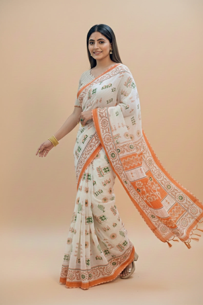 Ivory Orange Warli Print Mal Cotton Saree