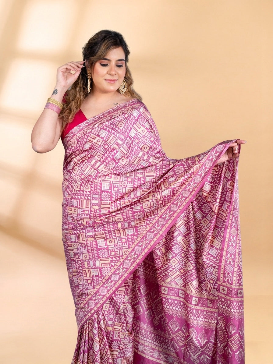 Onion Pink Semi-Crepe Printed Saree