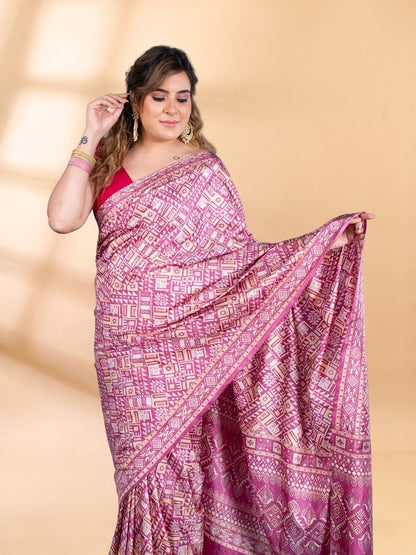 Onion Pink Semi-Crepe Printed Saree