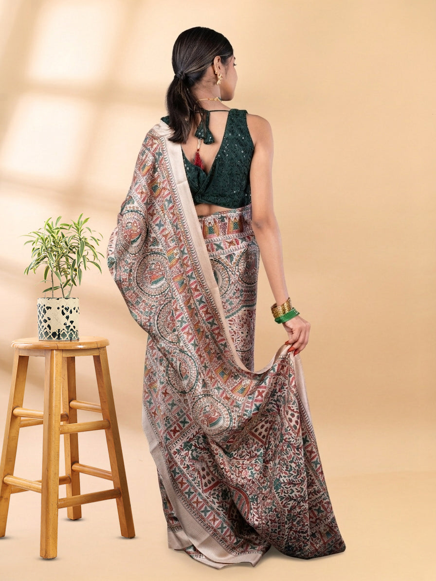 Green and Beige Matka Silk Madhubani Saree