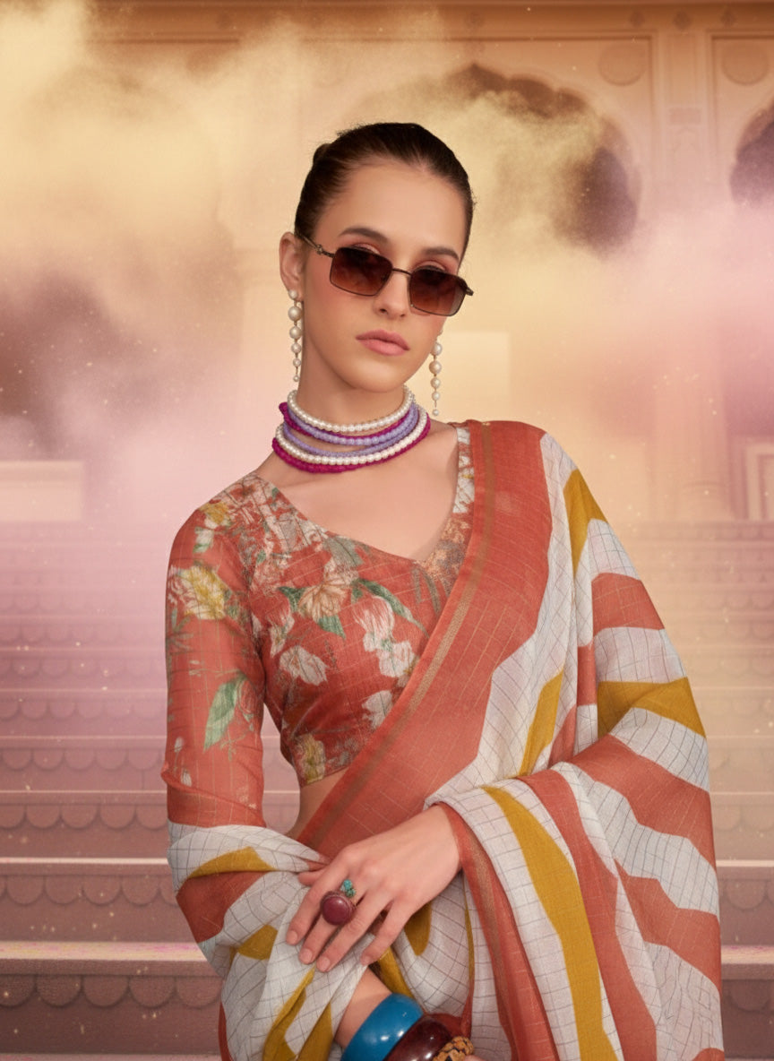 Peach Mustard Zigzag Print Cotton Linen Saree with Check Pattern