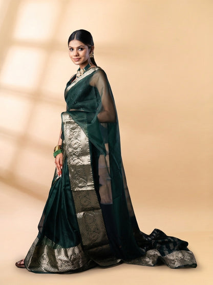 Dark Green Banarasi Organza Saree