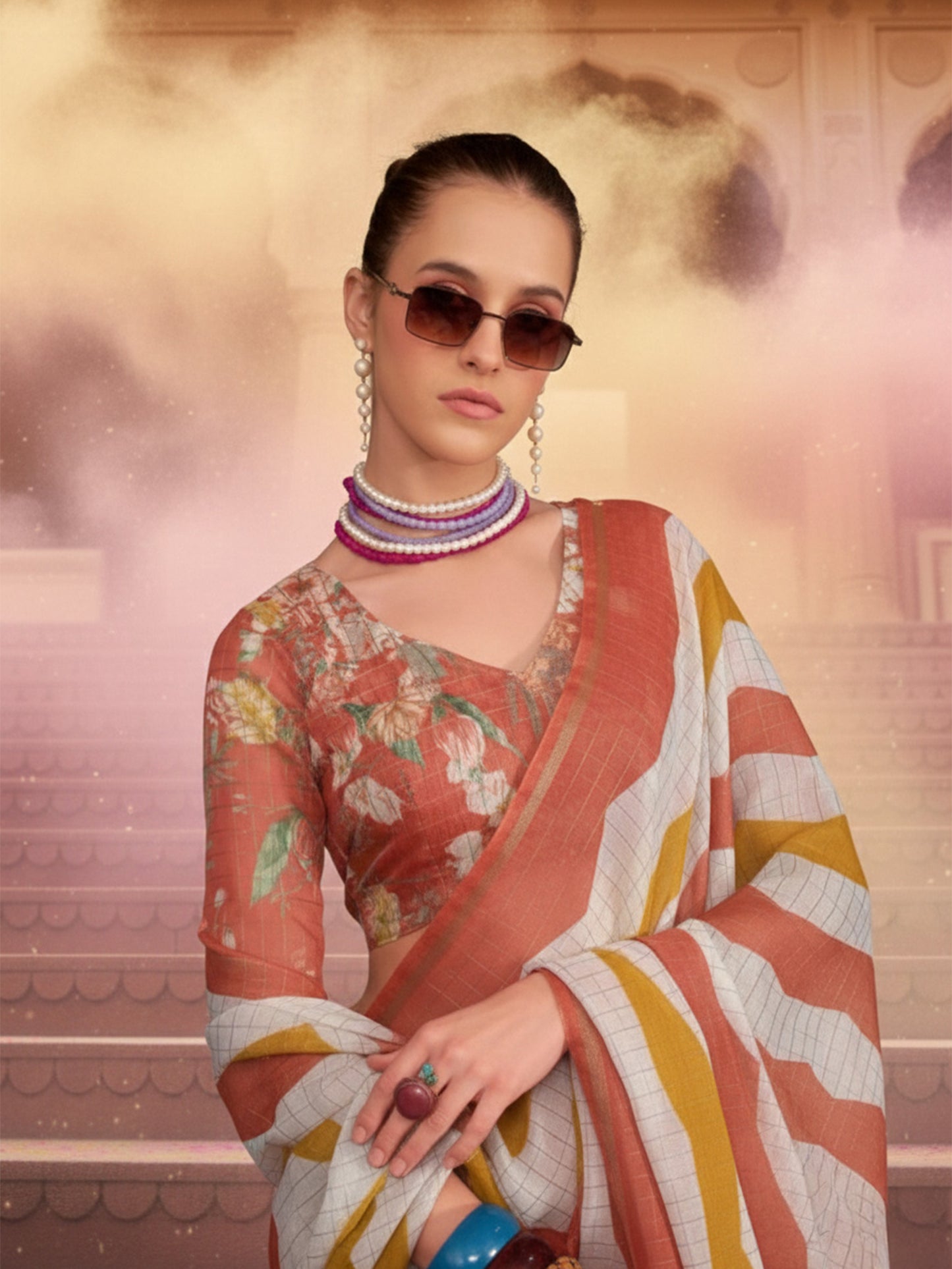Peach & Mustard Cotton Linen Printed Saree
