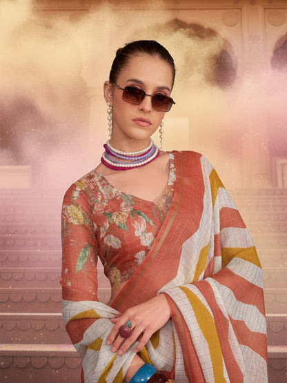 Peach & Mustard Cotton Linen Printed Saree