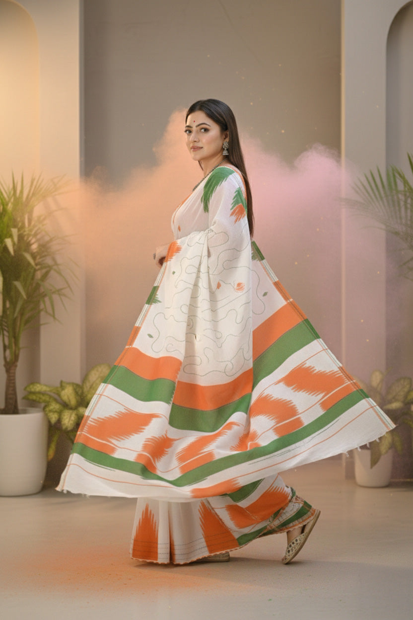 Ivory Orange Green Kantha Work Mal Cotton Saree