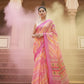 Pink Yellow Laheriya Cotton Linen Saree