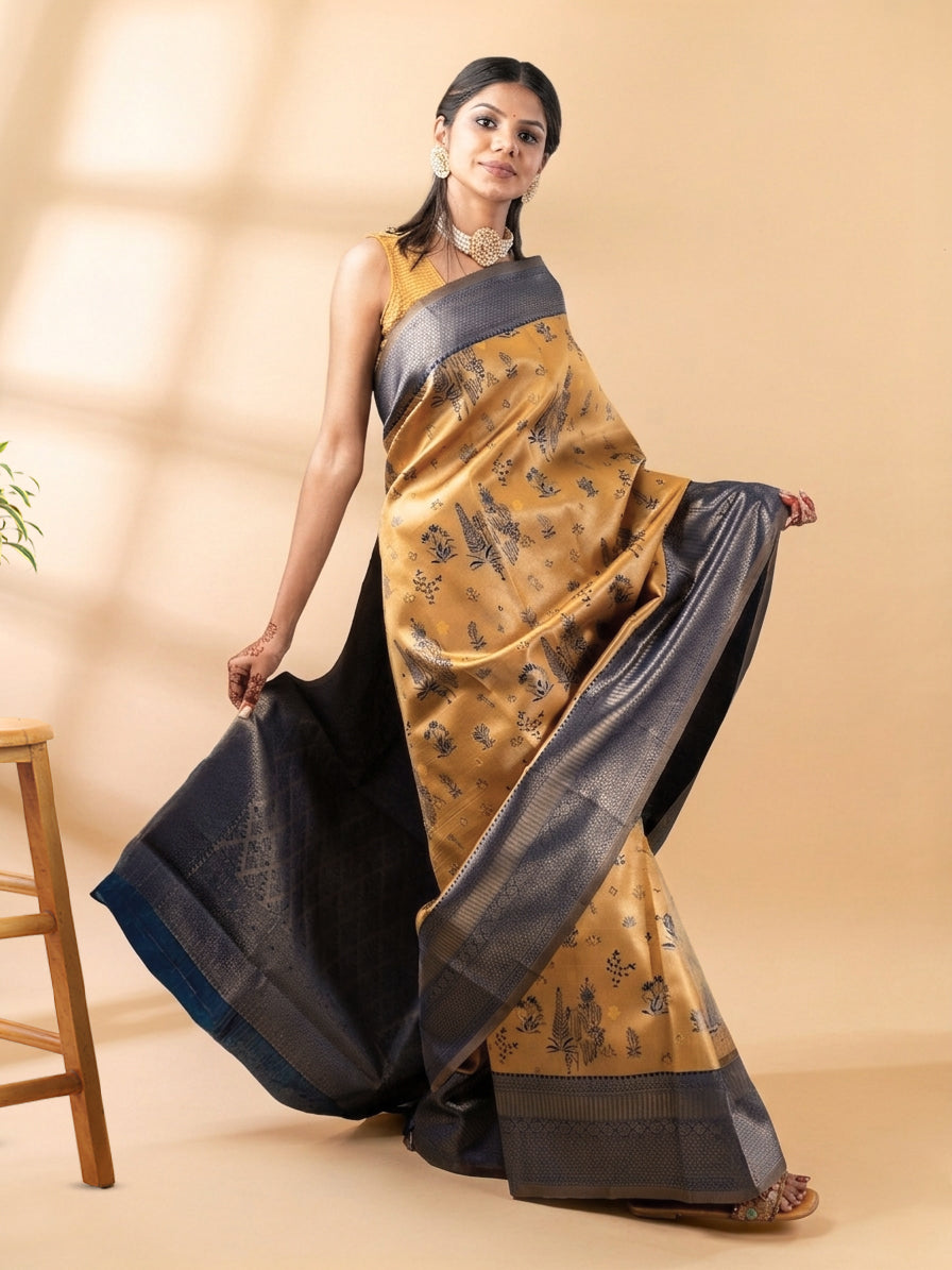 Mustard and Blue Semi-Silk Saree
