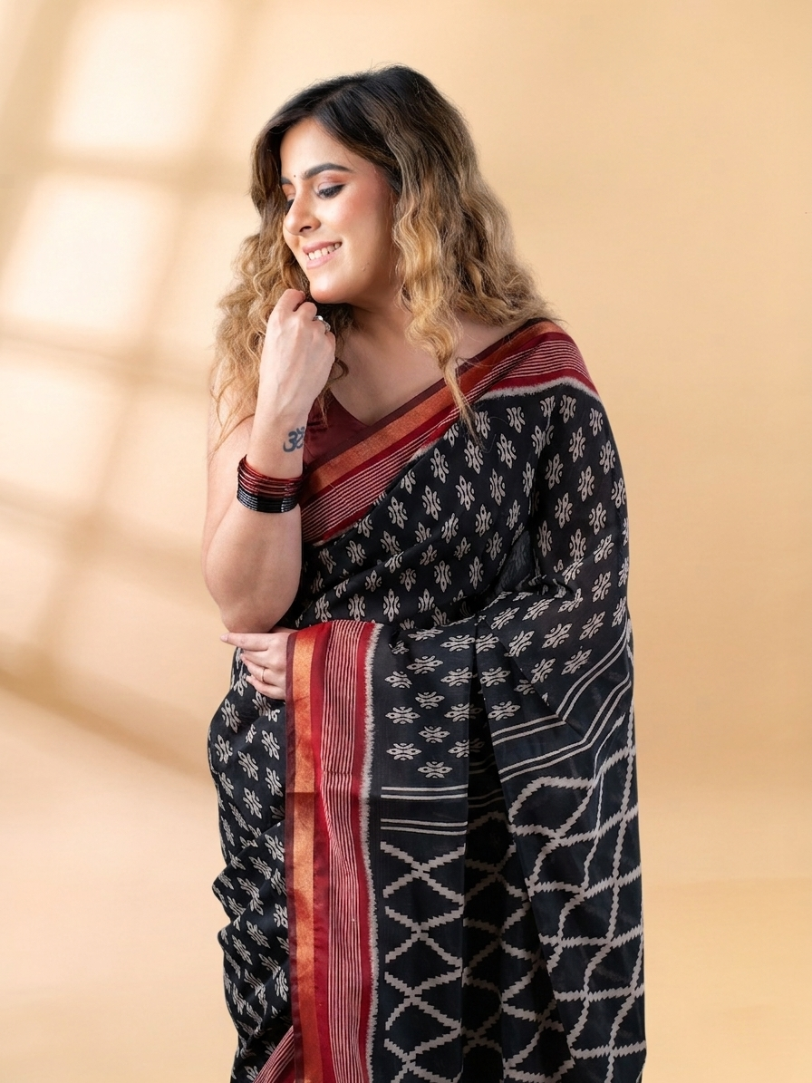 Black and Maroon Maheshwari Silk Saree