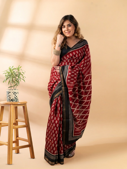 Maroon and Black Maheshwari Silk Saree