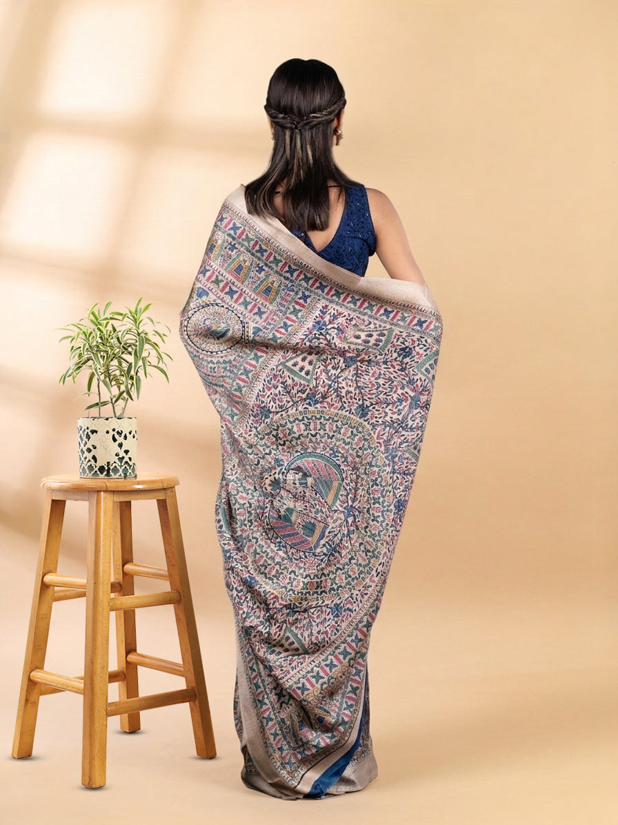 Beige & Blue Matka Silk Saree