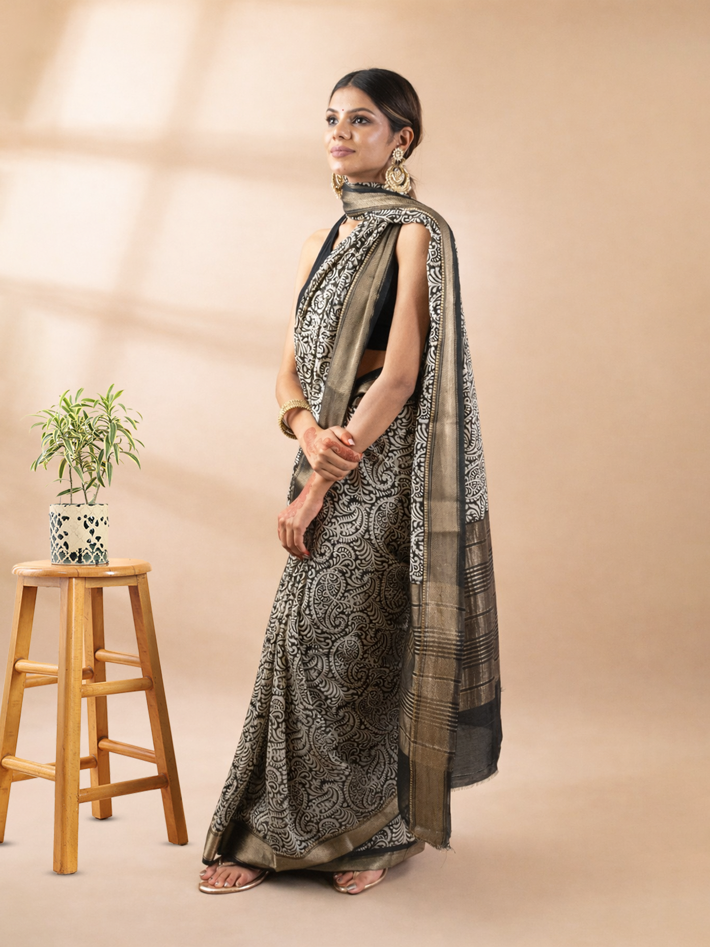 Black Block Print Assam Silk Saree