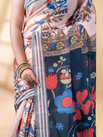 Peach Linen Cotton Printed Saree