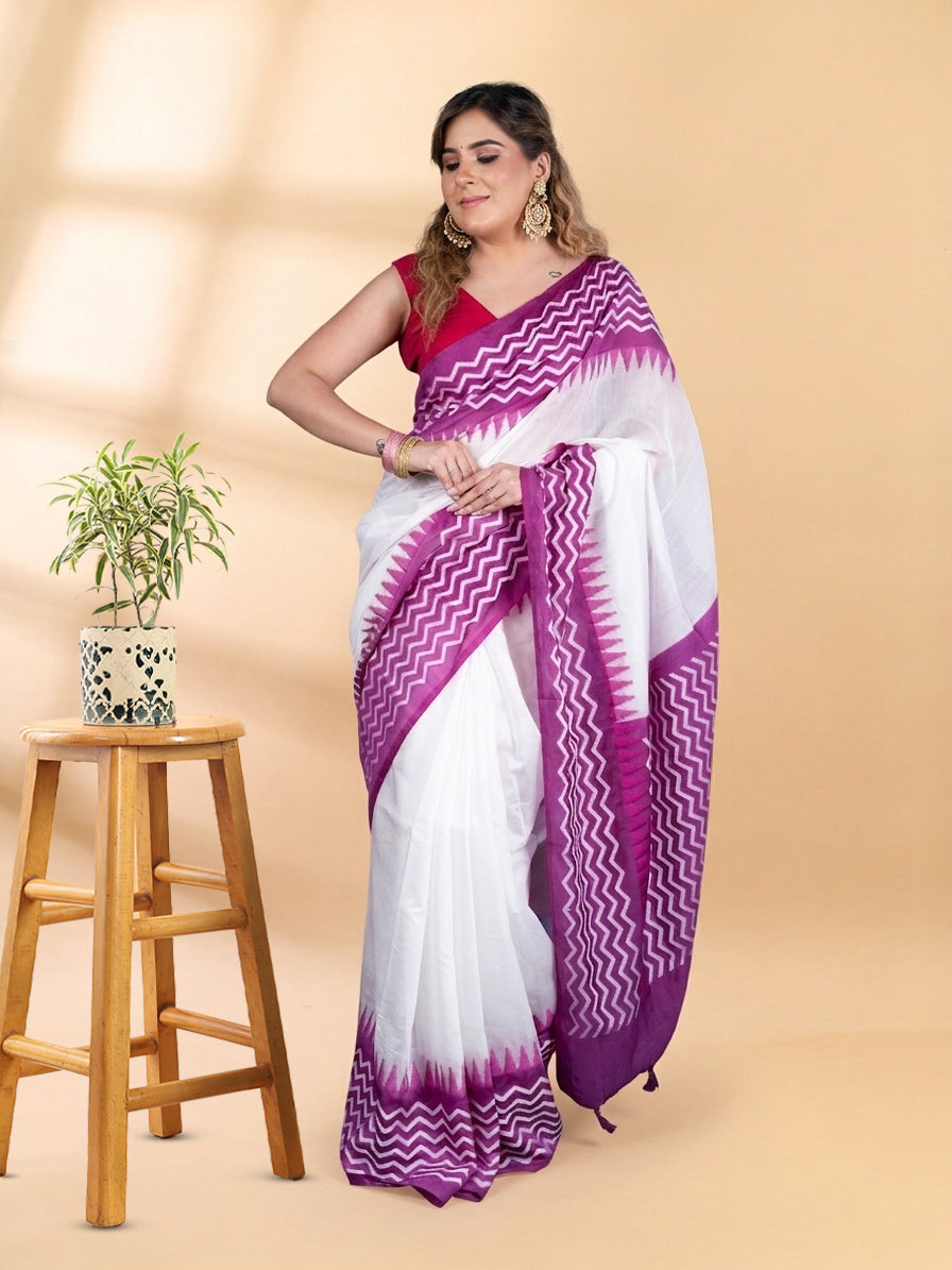White and Purple Chanderi Cotton Saree
