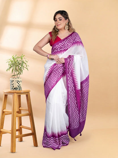 White and Purple Chanderi Cotton Saree