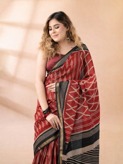 Maroon and Black Maheshwari Silk Saree