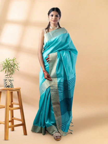 Sky Blue Semi-Raw Silk Saree
