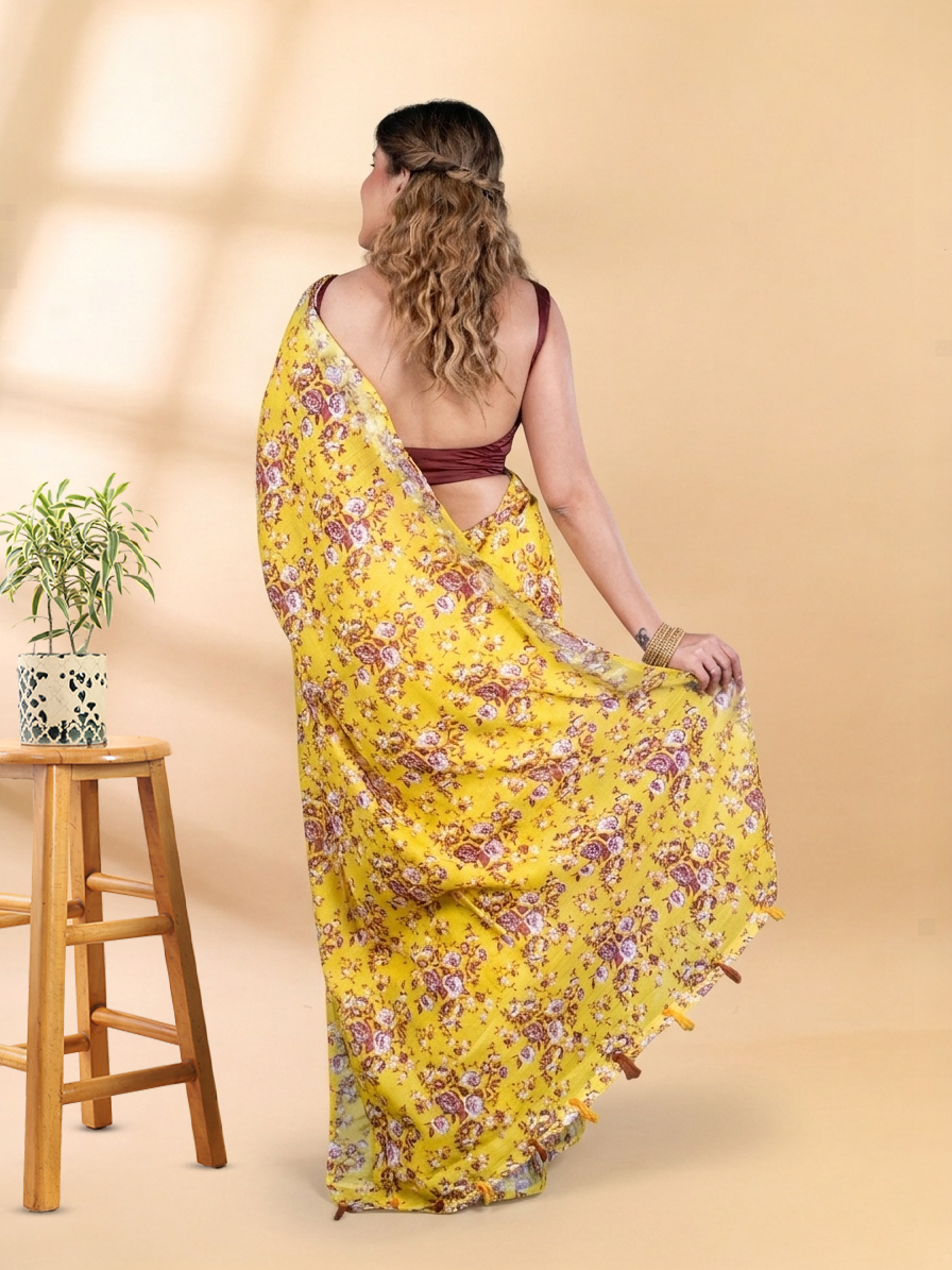 Mustard Yellow Linen Cotton Tissue Saree