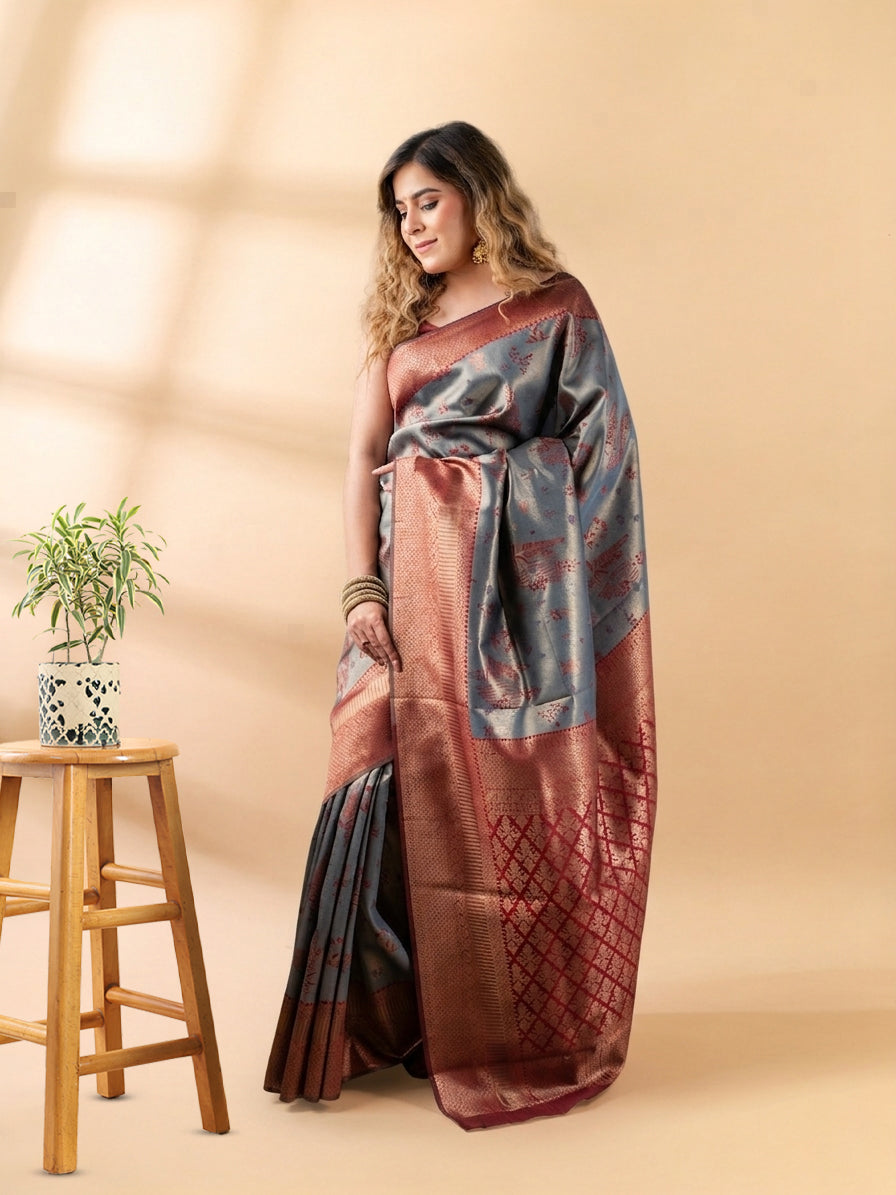 Grey and Maroon Semi-Silk Saree