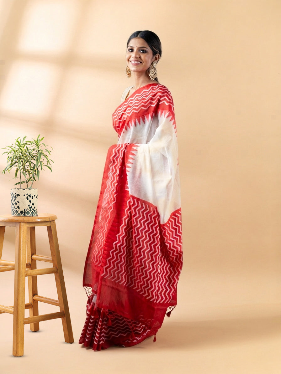 White and Red Chanderi Cotton Saree