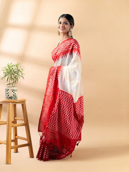 White and Red Chanderi Cotton Saree