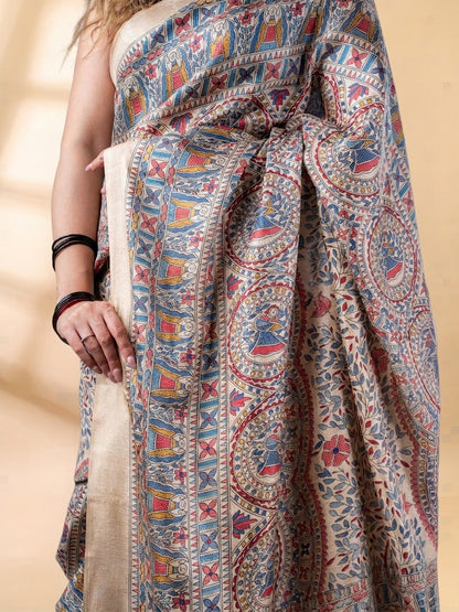 Beige and Red Matka Silk Saree