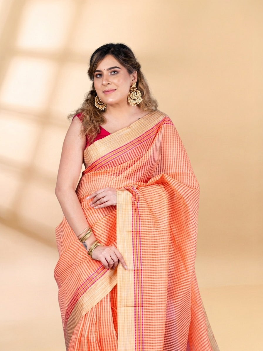 Peach Chanderi Cotton Saree with Check Design and Tissue Border