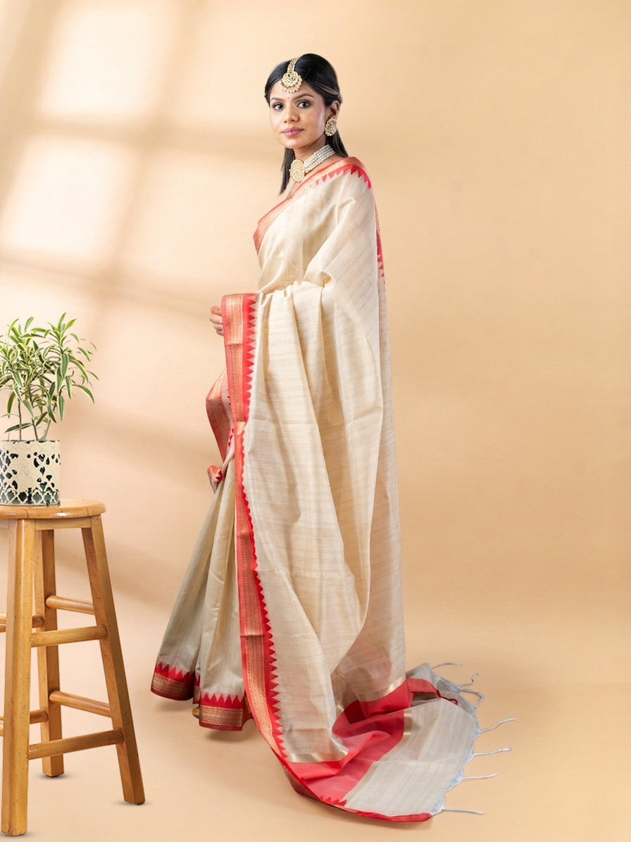 Beige Chanderi Cotton Tussar Saree