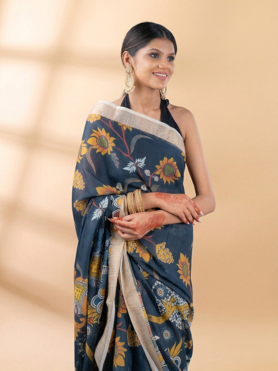 Black Linen Cotton Floral Printed Saree