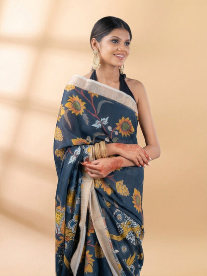 Black Linen Cotton Floral Printed Saree