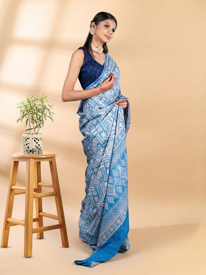 Blue Semi-Crepe Printed Saree