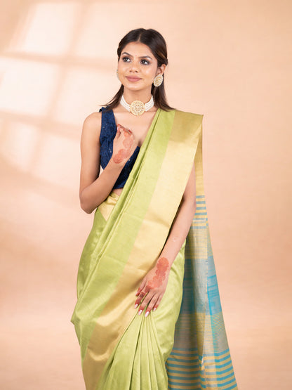 Mint Green Semi-Raw Silk Saree