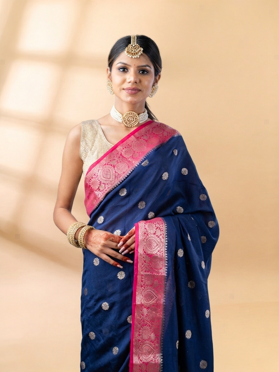 Blue and Pink Assam Silk Saree