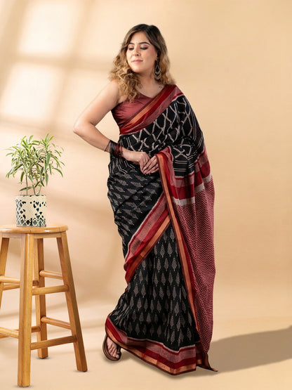 Black and Maroon Maheshwari Silk Saree