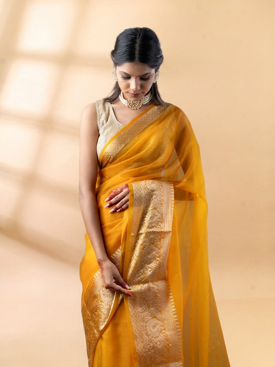Mustard Yellow Banarasi Organza Saree