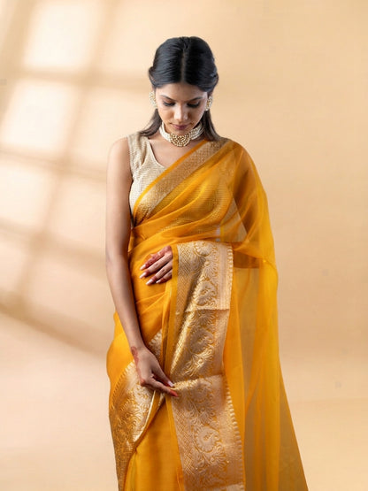 Mustard Yellow Banarasi Organza Saree