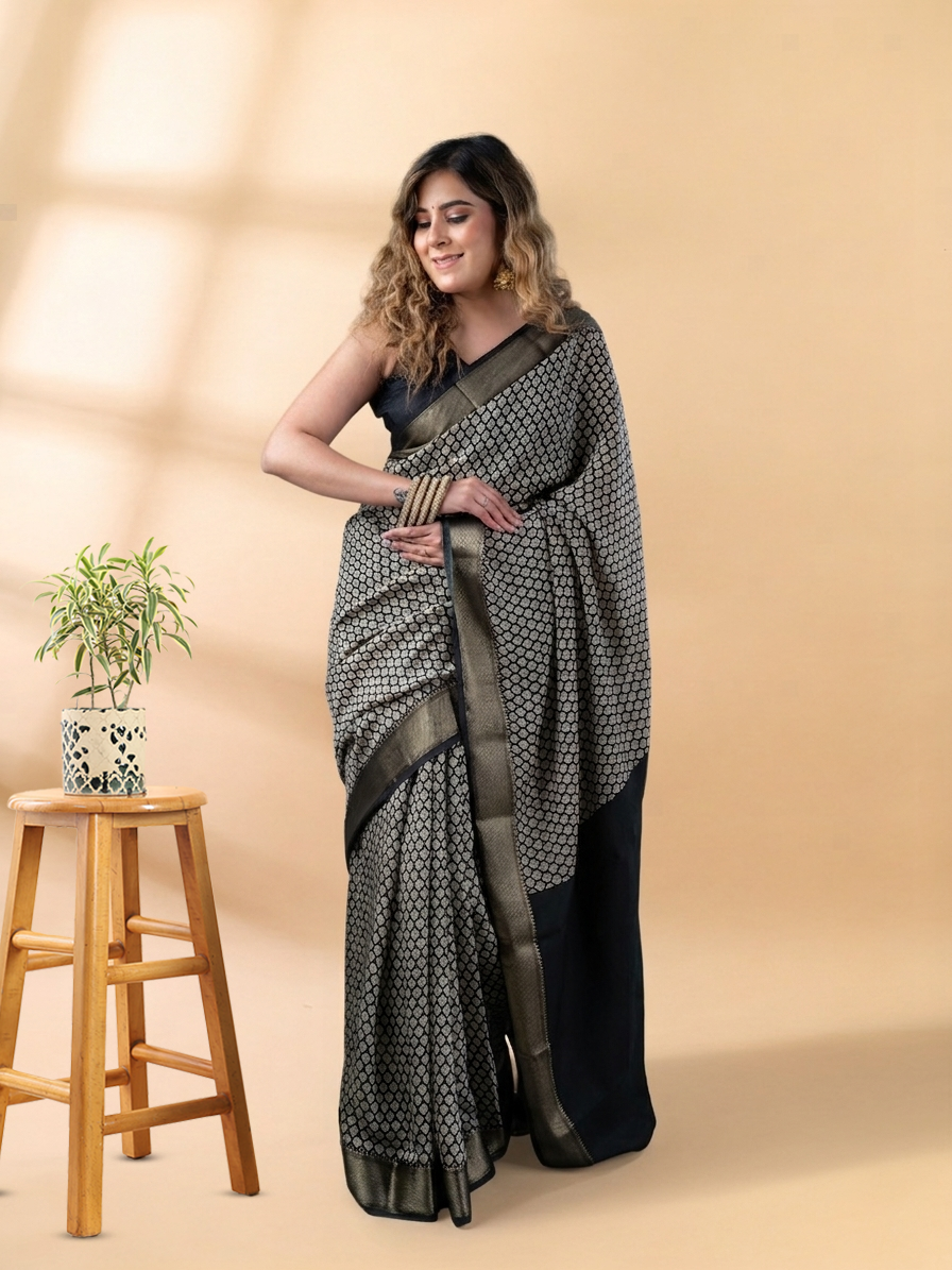 Black Block Print Assam Silk Saree