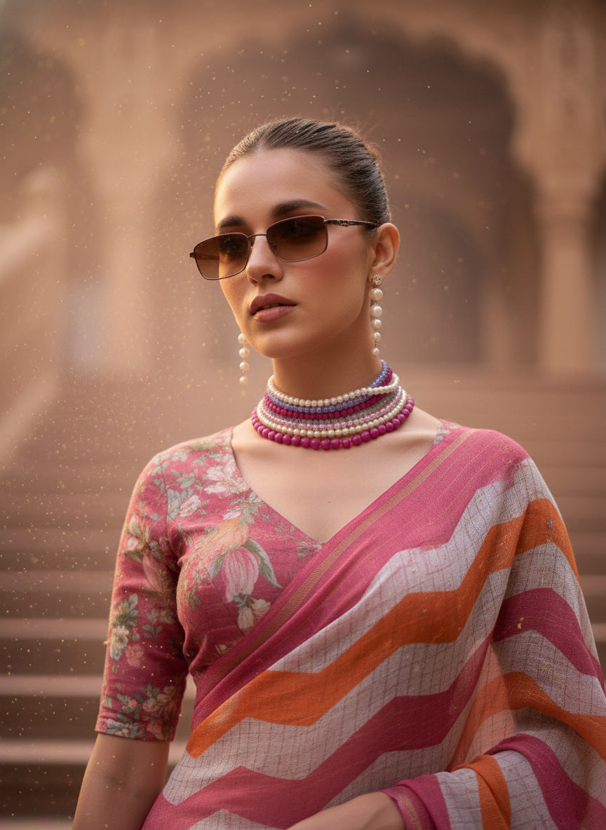 Pink Orange Zigzag Print Cotton Linen Saree with Check Pattern