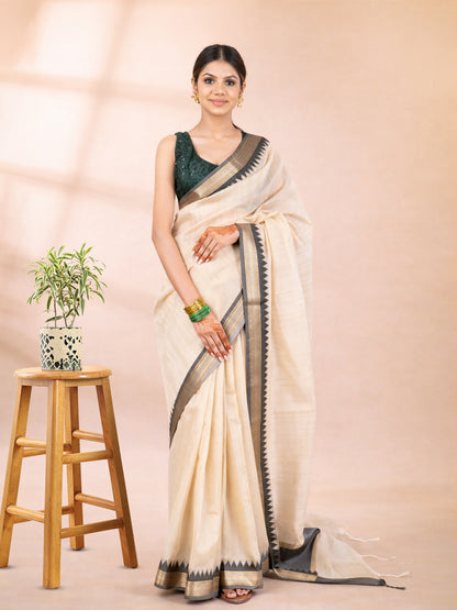 Beige and Black Chanderi Cotton Saree