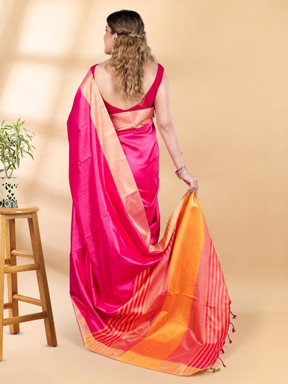 Pink Semi-Raw Silk Saree