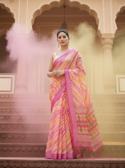 Pink Yellow Laheriya Cotton Linen Saree