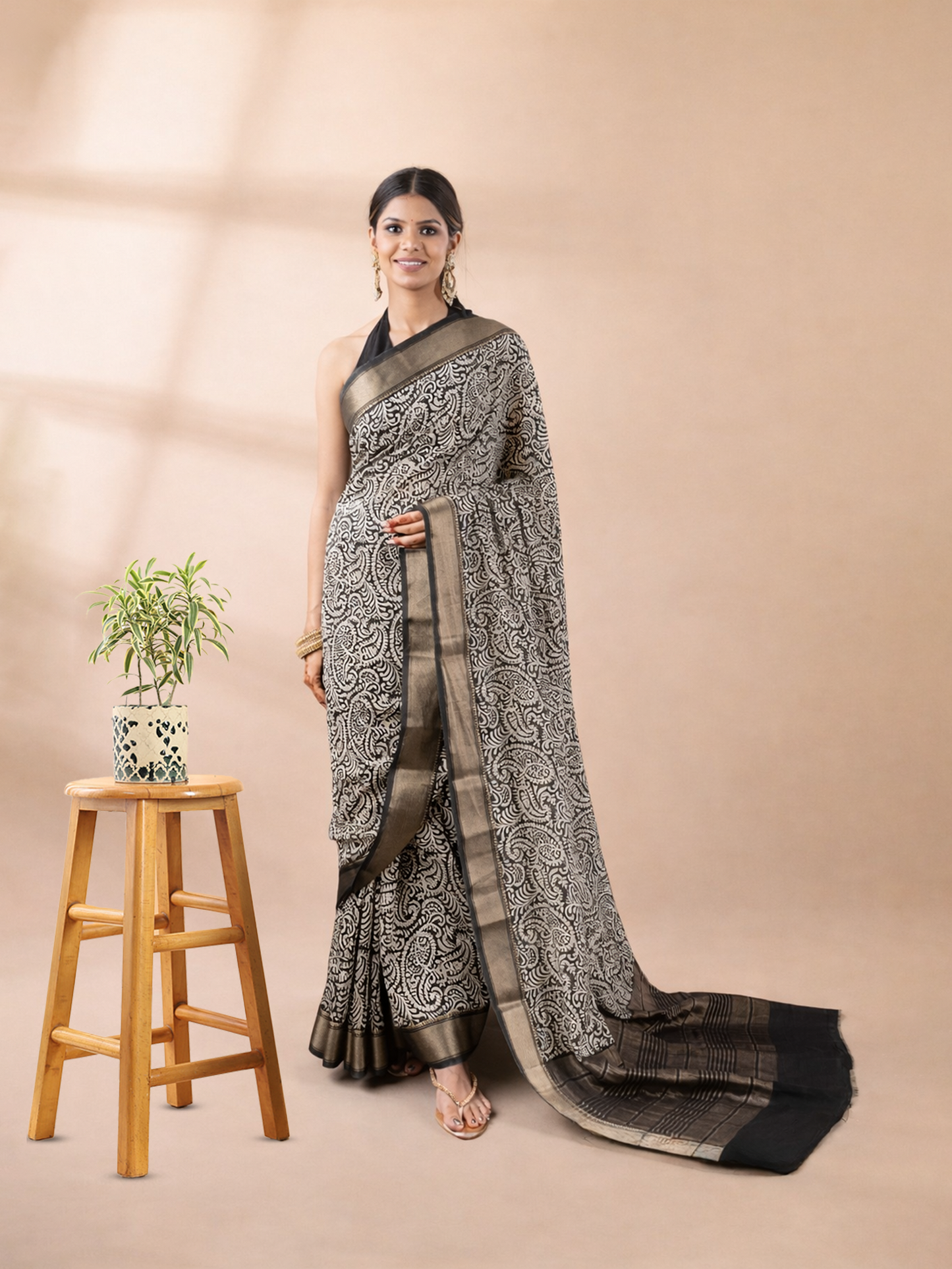 Black Block Print Assam Silk Saree