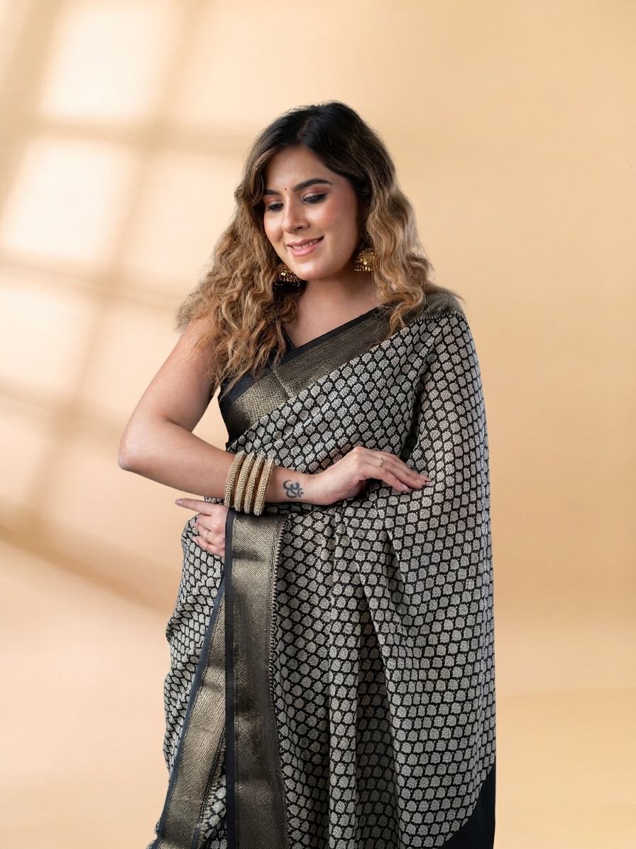 Black Block Print Assam Silk Saree