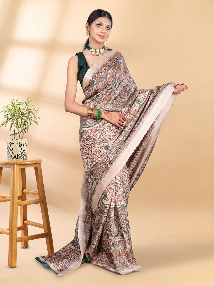 Green and Beige Matka Silk Madhubani Saree