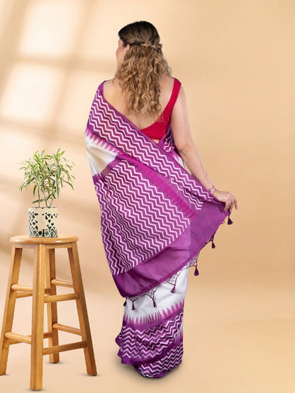 White and Purple Chanderi Cotton Saree